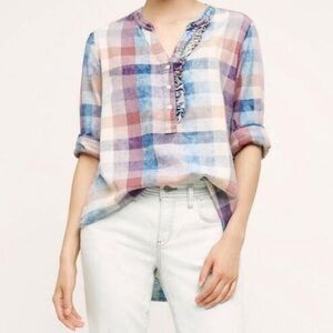 Anthropologie Isabella Sinclair Plaid Ruffle Button Top size XS